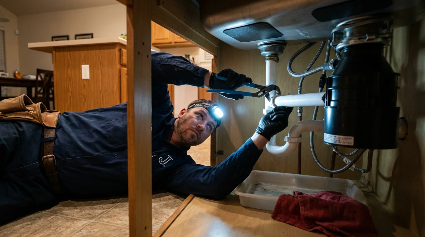P-trap and supply line connections under a kitchen sink showing a common leak point in Northfield, MN